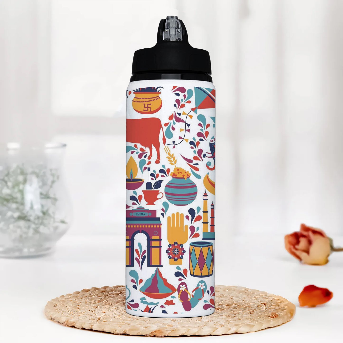 Indian architecture and Asian traditions set Pro Vecto 2 Printed Black Nozzle Water Bottle 750 ml For Gym, Yoga, Kids, Boys, Girls, Brother, Sister, Babies, Baby, Workout, Adults