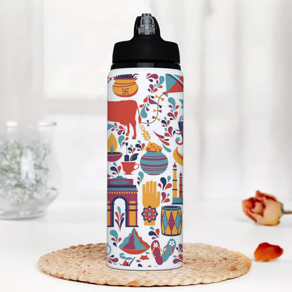 Indian architecture and Asian traditions set Pro Vecto 2 Printed Black Nozzle Water Bottle 750 ml For Gym, Yoga, Kids, Boys, Girls, Brother, Sister, Babies, Baby, Workout, Adults
