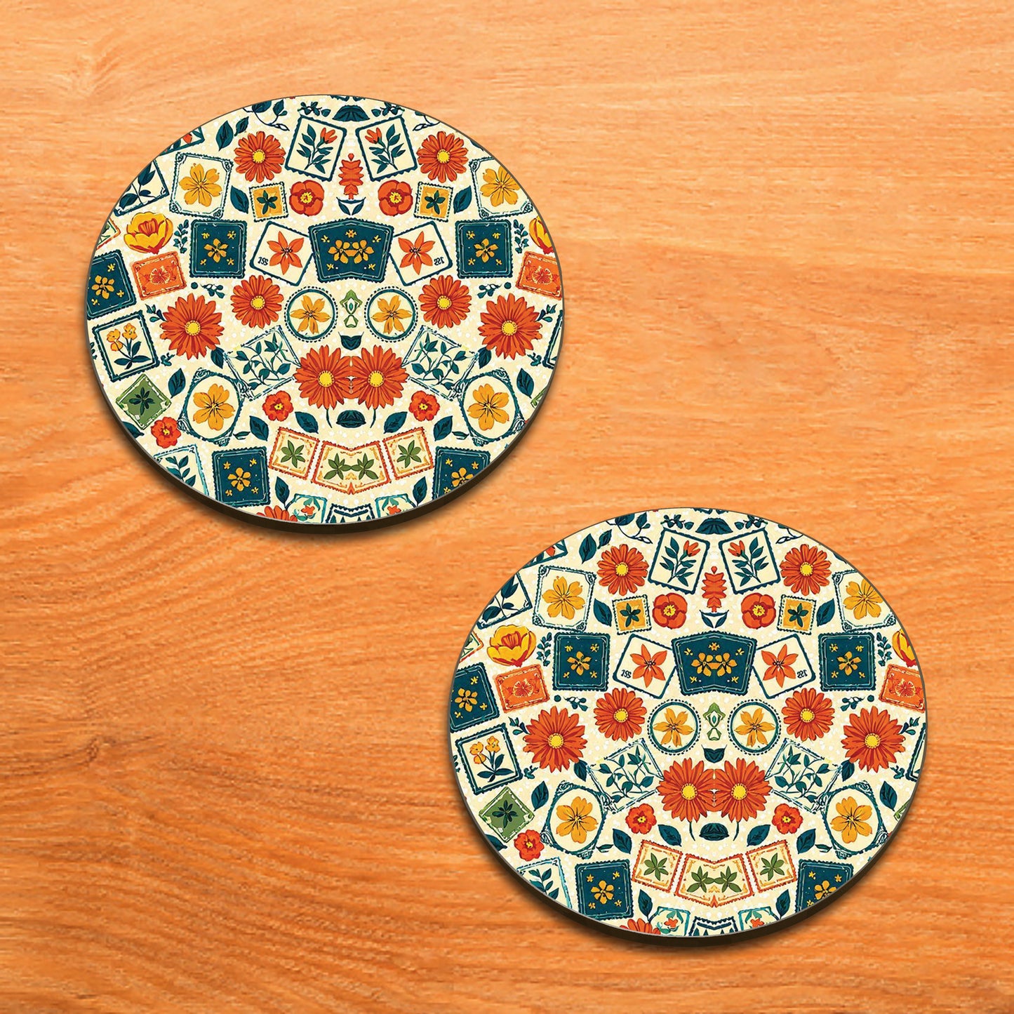 Flowers Stamps Design Combo Mugs and Coaster(Set of 2 Mugs and 2 coasters) 330 ml Coffee Mug