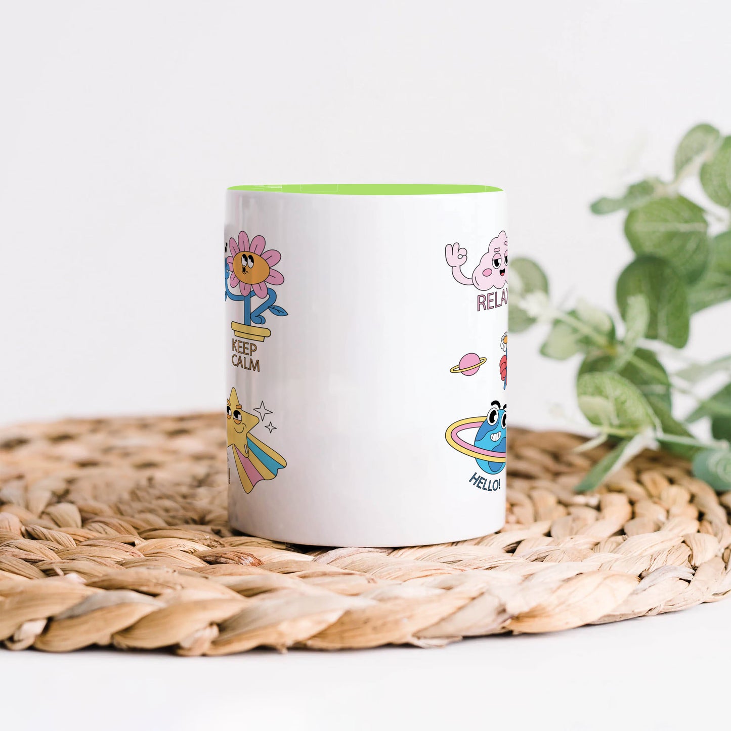 Hand drawn trendy cartoon badges design Light Green Handle 330 ml Coffee Mug