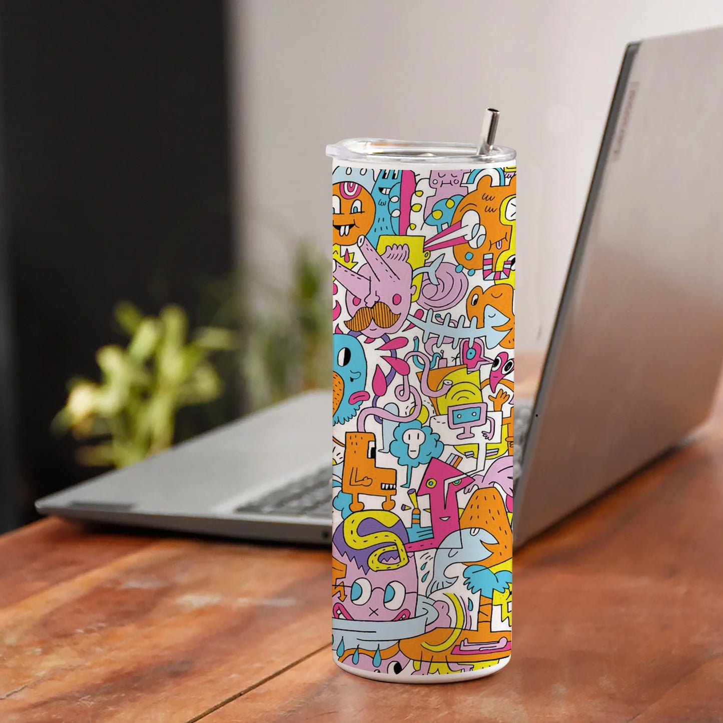 A colorful illustration of a group of people with different faces and the words Printed 750ML with Lid Leak Proof Travel Tumbler with Straw