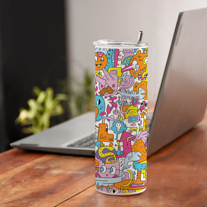 A colorful illustration of a group of people with different faces and the words Printed 750ML with Lid Leak Proof Travel Tumbler with Straw