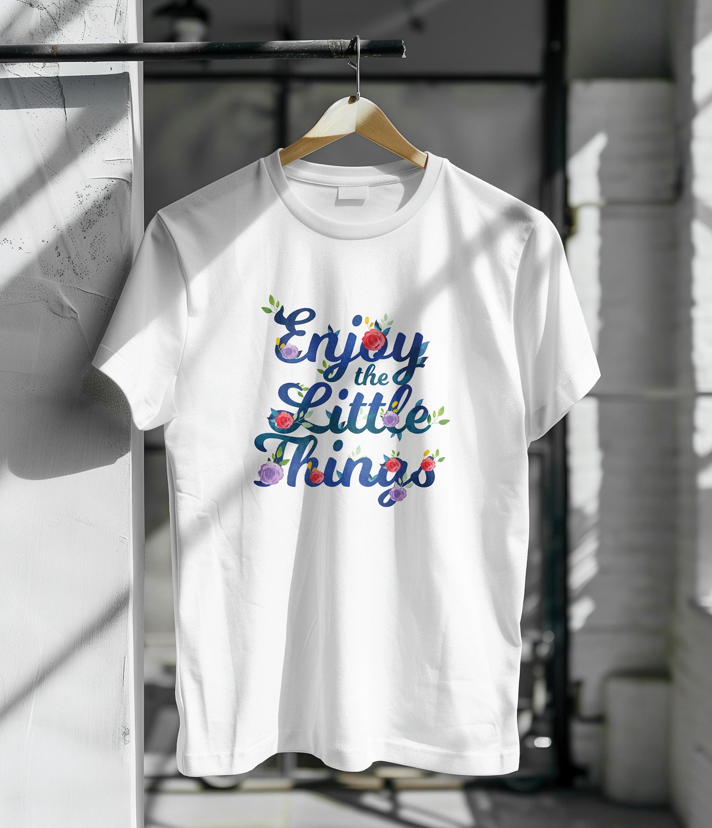 Slogan with hand drawn flowers design Printed White Round Neck Polyester T Shirt for Mens and woman's