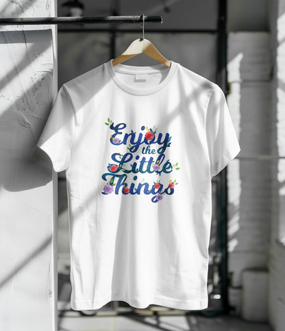 Slogan with hand drawn flowers design Printed White Round Neck Polyester T Shirt for Mens and woman's