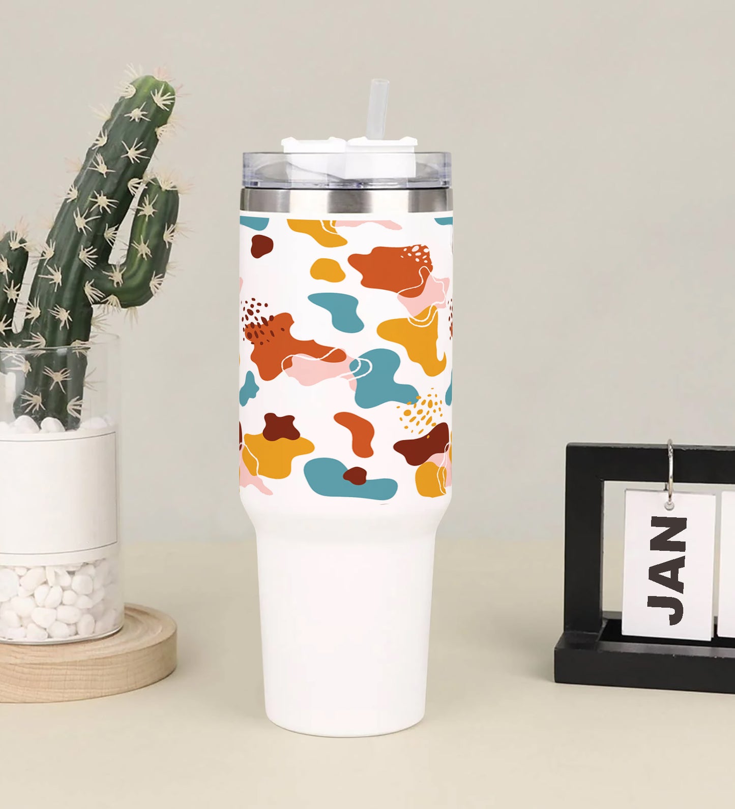 Hand drawn abstract doodle pattern design Printed 850ML with Lid Leak Proof Big Travel Tumbler with Handle and Straw