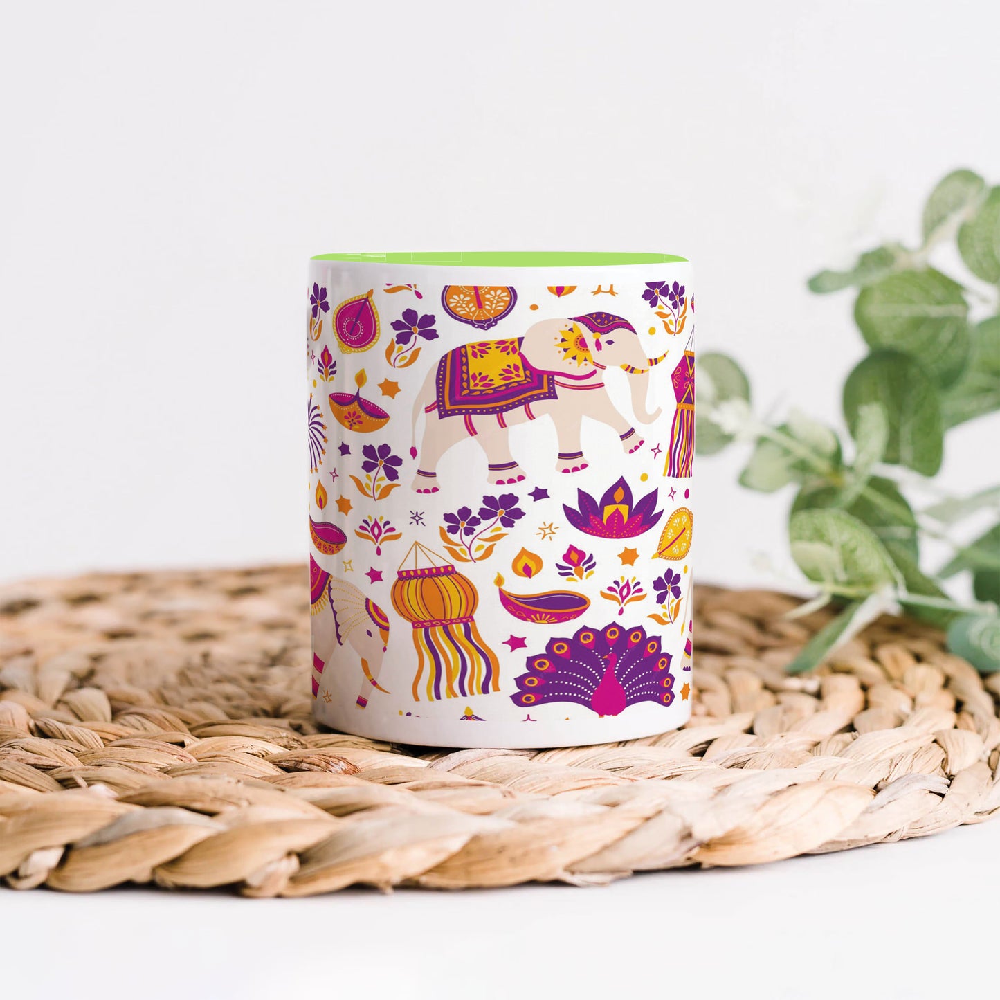 Happy diwali vector elements seamless pattern design  Light Green Handle 330 ml Coffee Mug