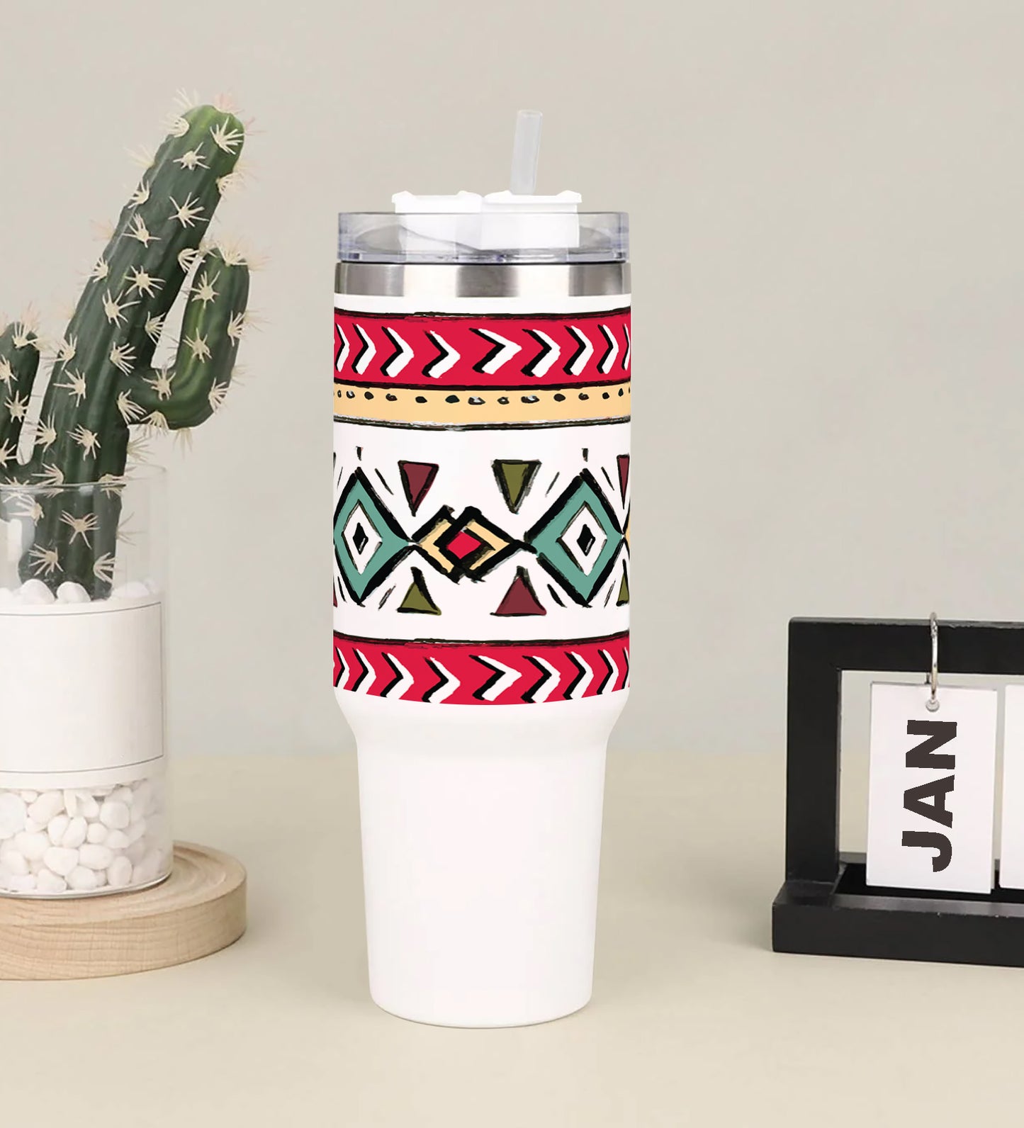 Ethnic Pattern 1 Printed 850ML with Lid Leak Proof Big Travel Tumbler with Handle and Straw