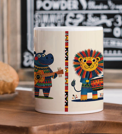 Animals Playing Instruments Pattern Printed 330 ml White Coffee Mug with Square Shape Wooden Keyring and Chain