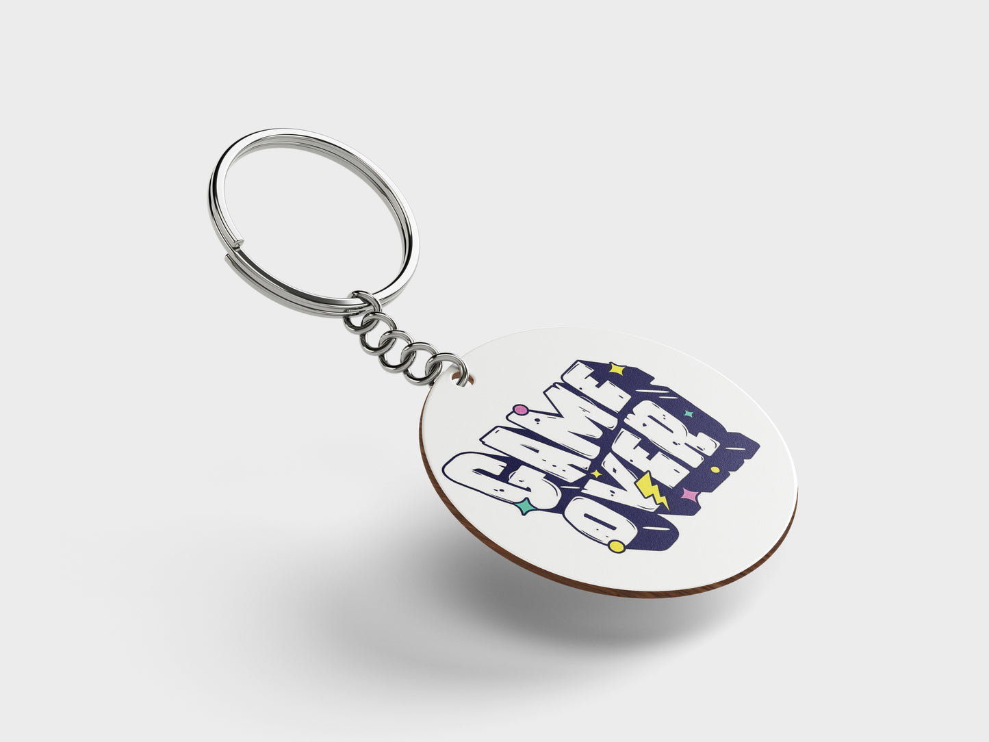 Game Over Digital Graphic Design Printed Circle Shape Wooden Keyring with Chain