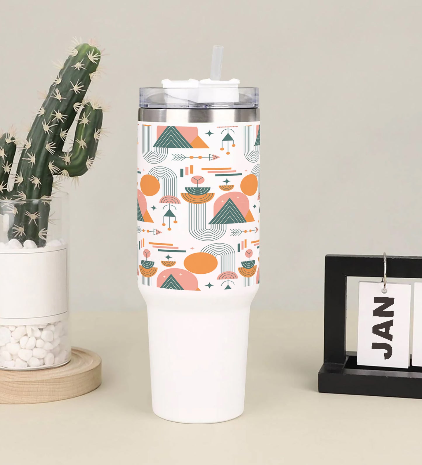 Hand drawn boho geometric pattern Printed 850ML with Lid Leak Proof Big Travel Tumbler with Handle and Straw