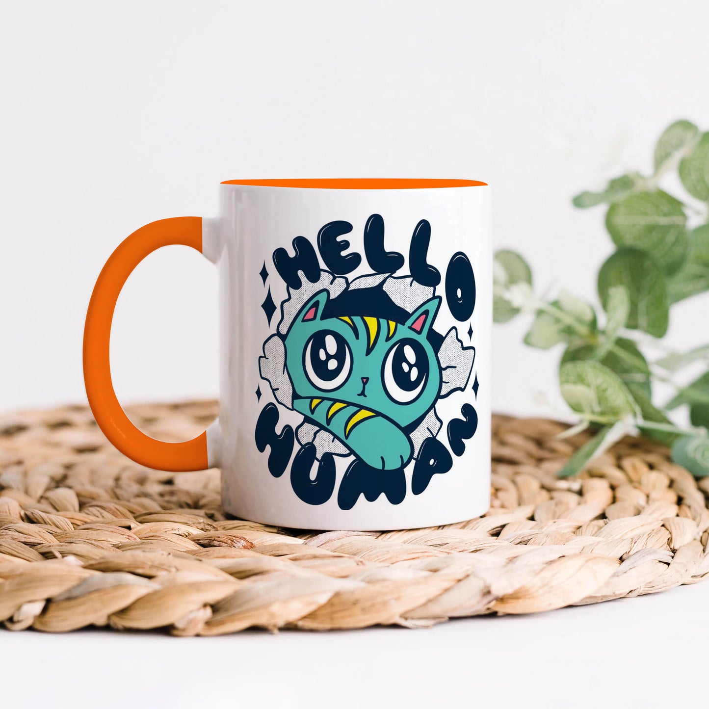 Cute Cat saying hello Human design Orange Handle 330 ml Coffee Mug
