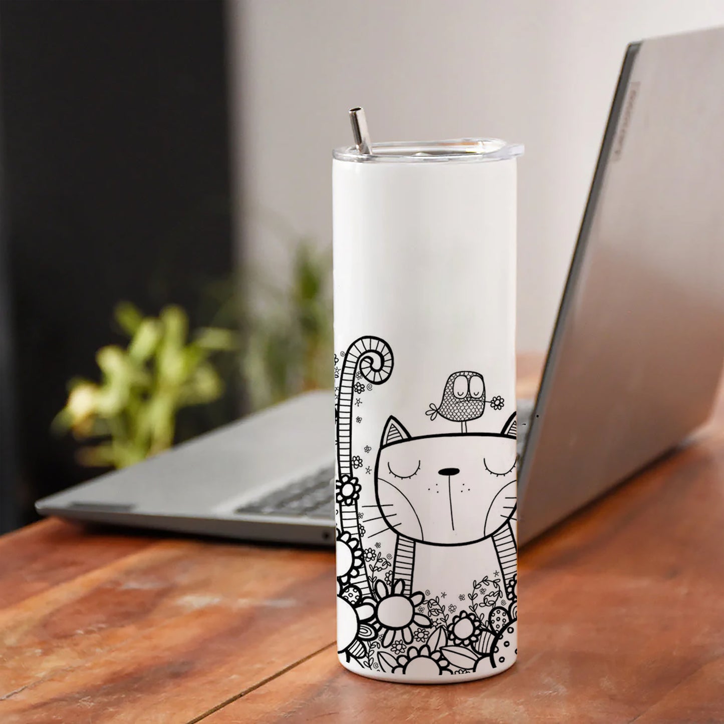 Black in white doodle art cat and birds Printed 750ML with Lid Leak Proof Travel Tumbler with Straw