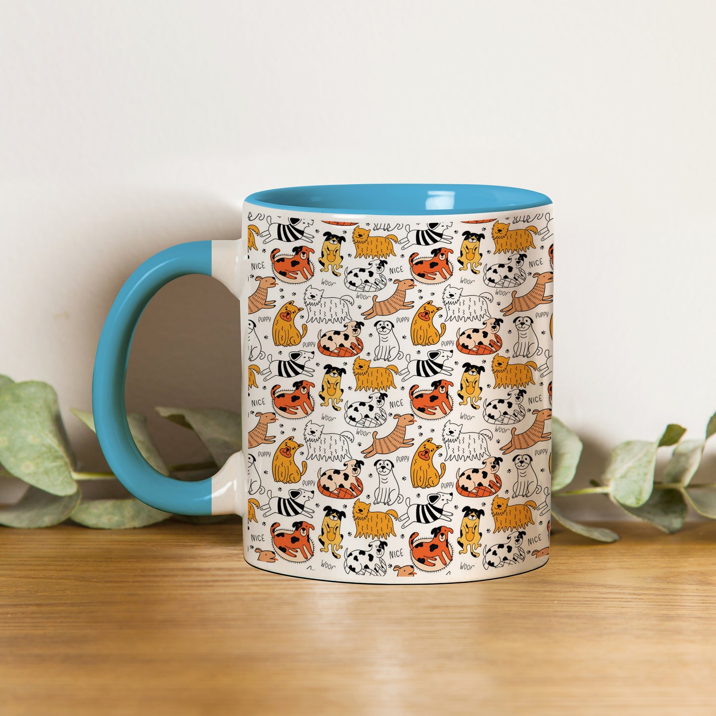 Dog breeds vector leaves pattern  design Pattern Sky Blue Handle 330 ml Coffee Mug
