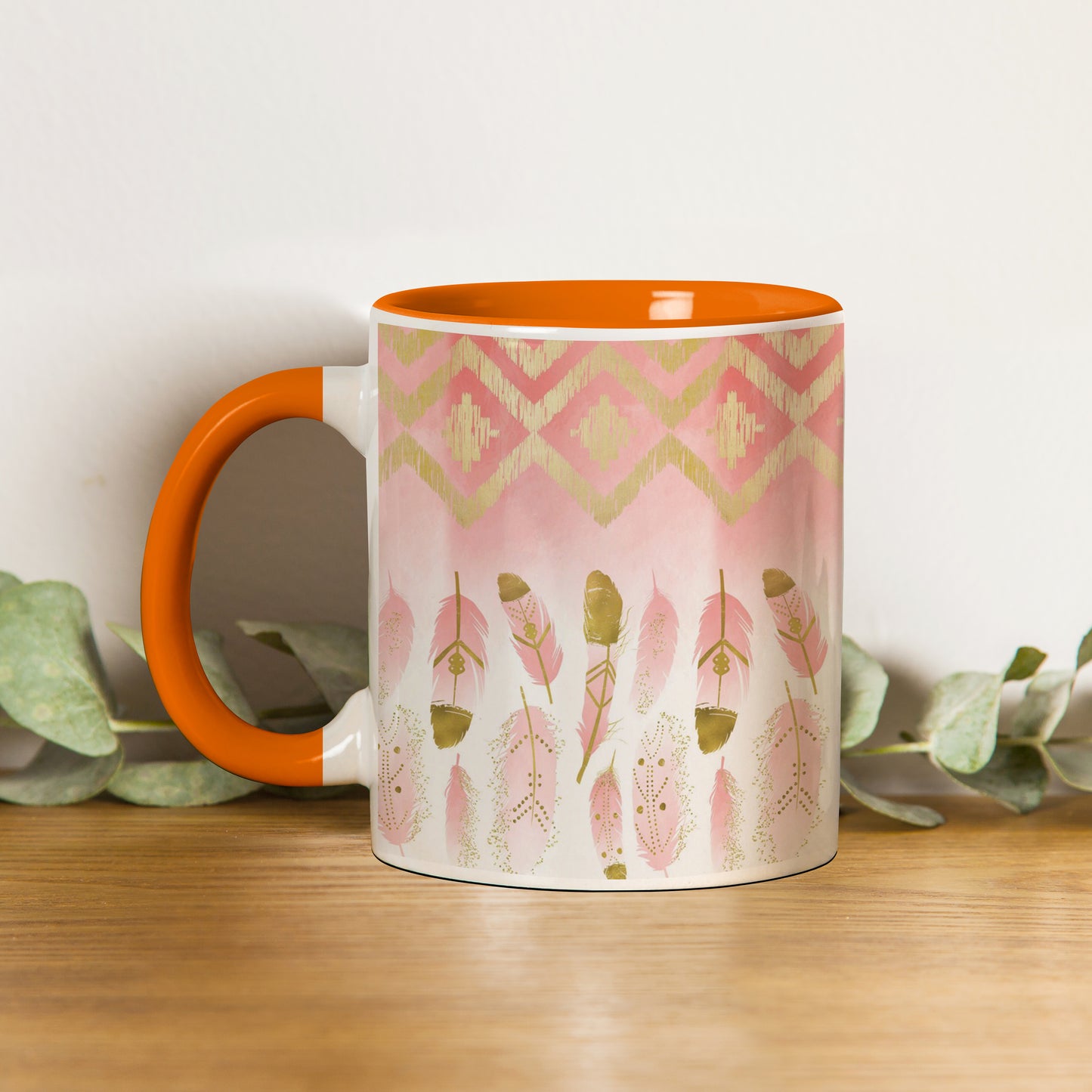 Pink plumas design Orange Handle 330 ml Coffee Mug