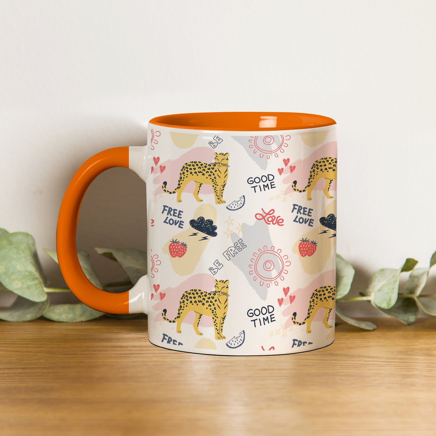 Colorful doodle cheetah and words pattern design Orange Handle 330 ml Coffee Mug