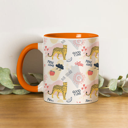 Colorful doodle cheetah and words pattern design Orange Handle 330 ml Coffee Mug