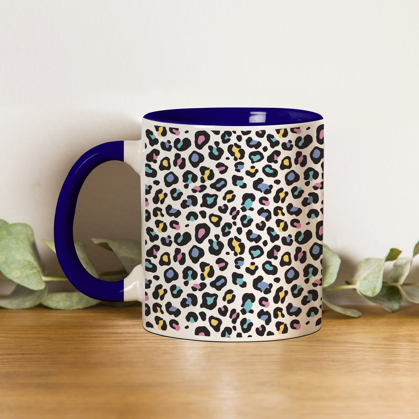 Color full Vector leopard animal motif vector seamless design Pattern Dark Blue Handle 330 ml Coffee Mug