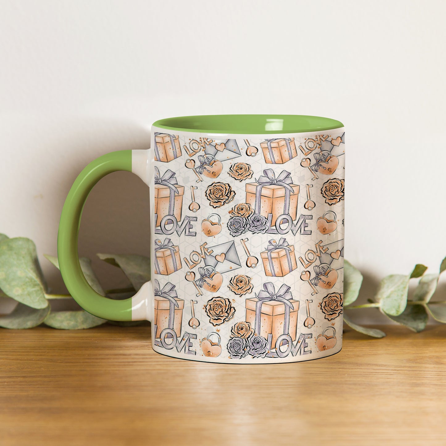 Gift box pattern design Pattern Lite Green Handle 330 ml Coffee Mug