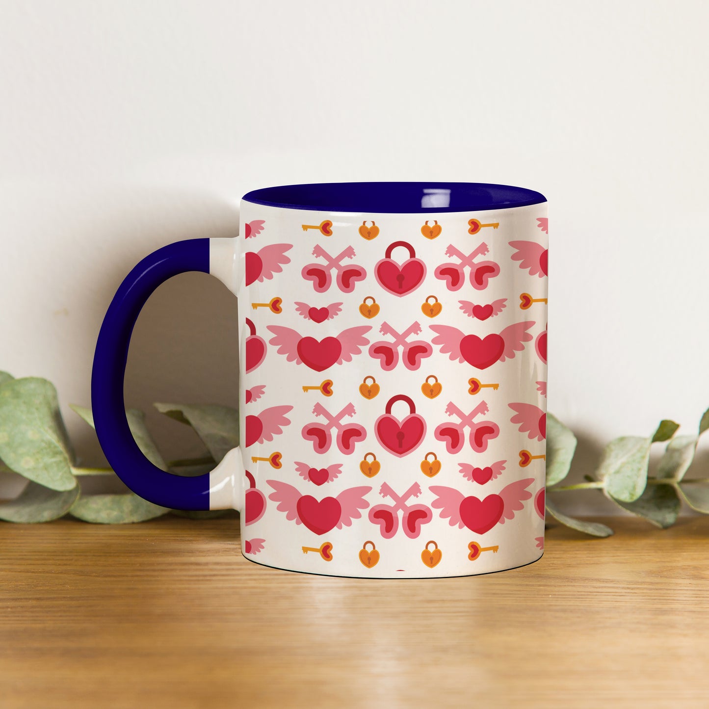 Red seamless love element design 2 Pattern Dark Blue Handle 330 ml Coffee Mug
