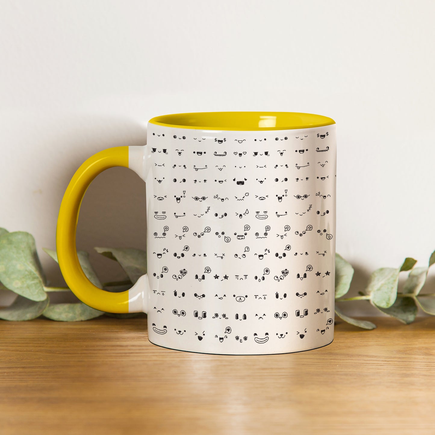 kawaii faces doodle art design pattern design Pattern Yellow Handle 330 ml Coffee Mug