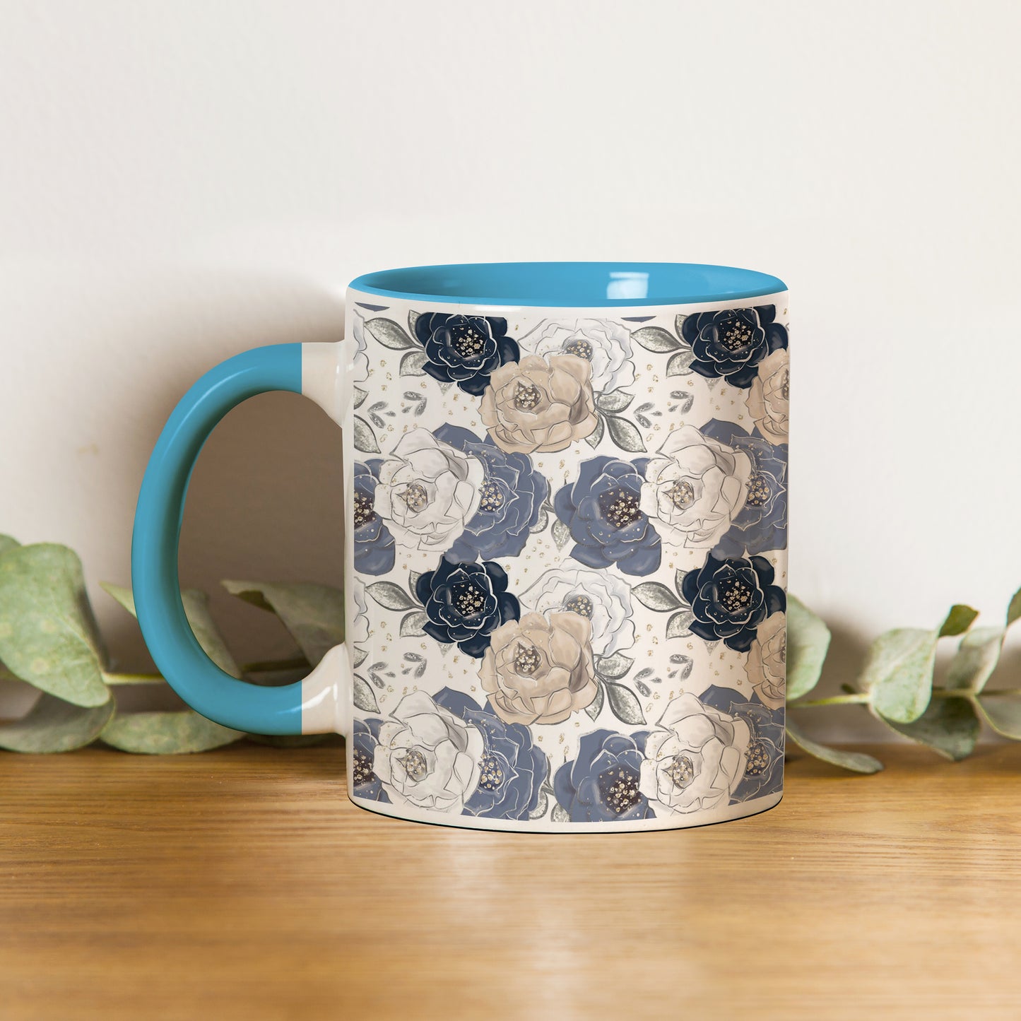 Flowers design Pattern Sky Blue Handle 330 ml Coffee Mug