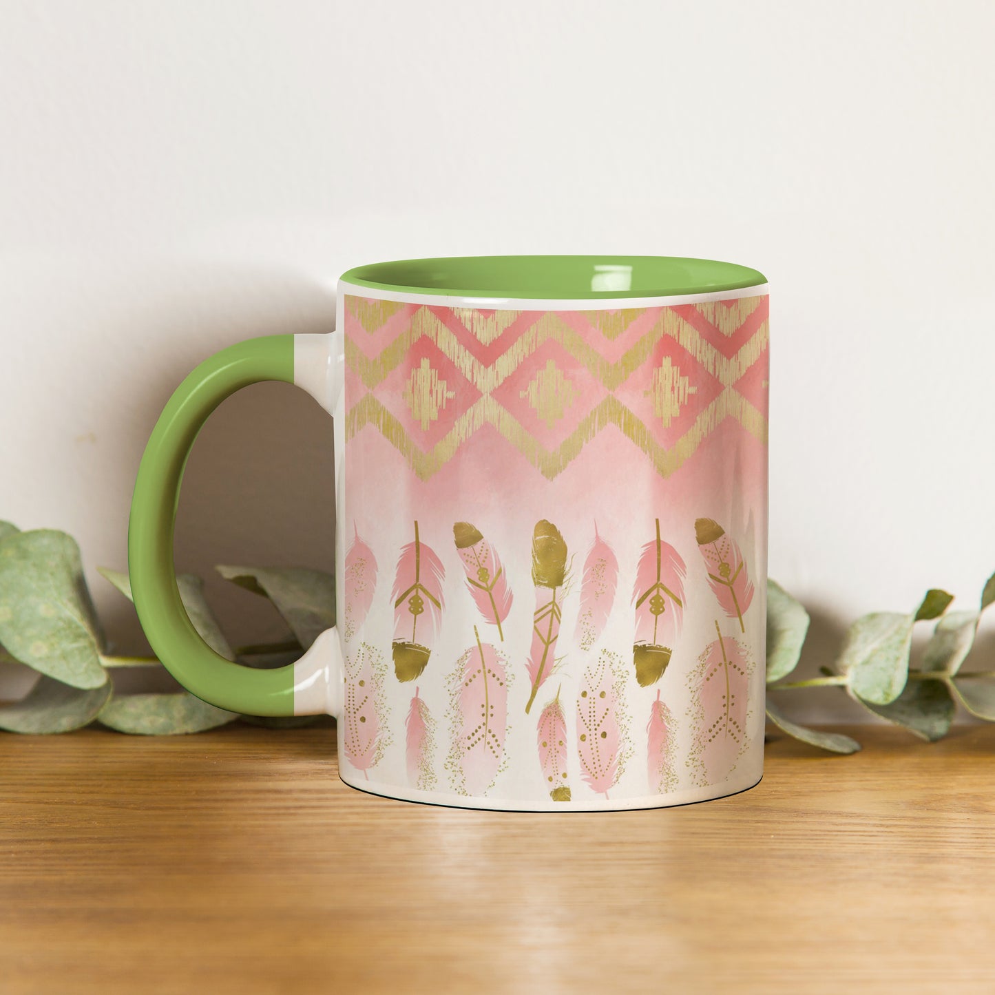pink plumas design Pattern Lite Green Handle 330 ml Coffee Mug