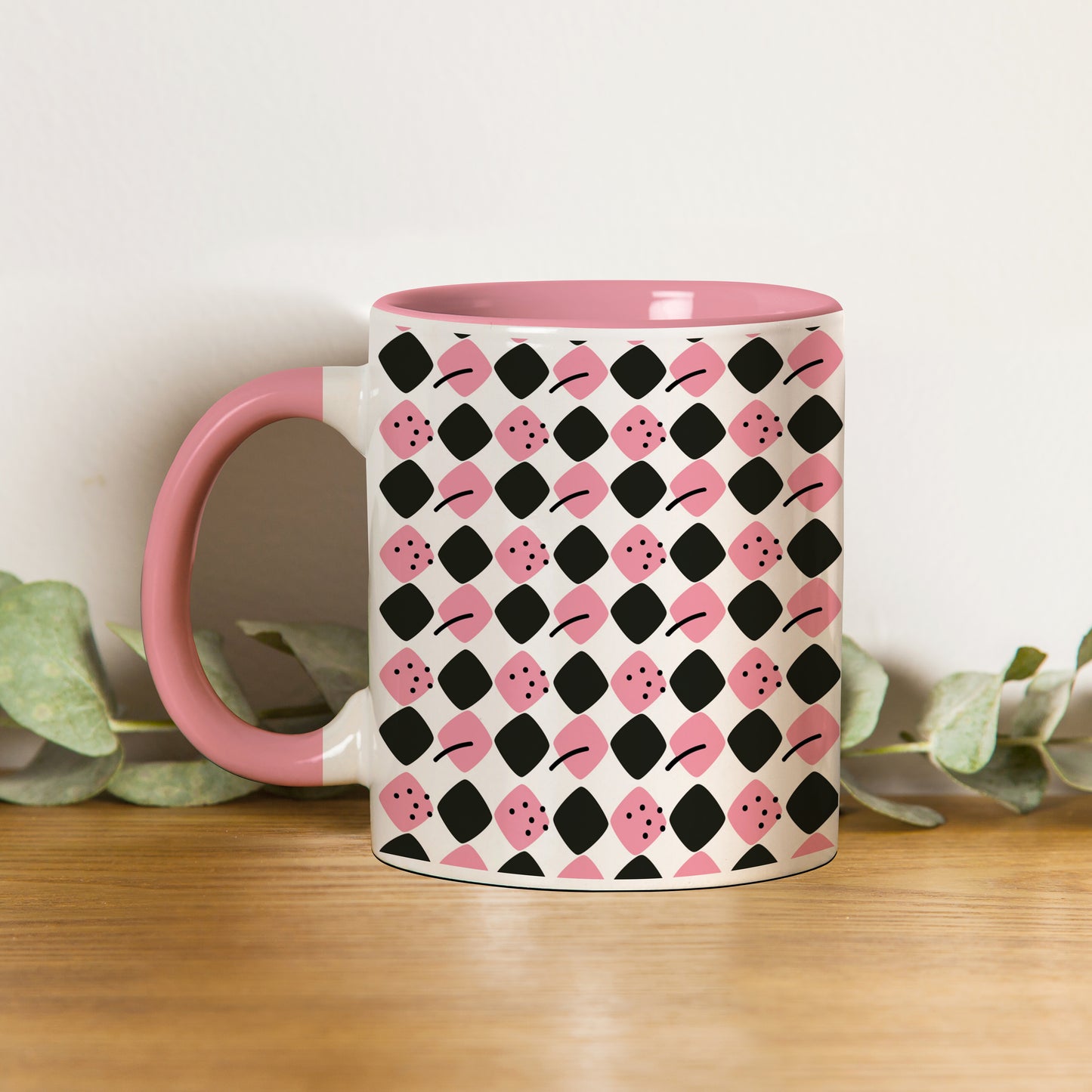 Black N Pink square vector leaves Pattern Lite Pink Handle 330 ml Coffee Mug
