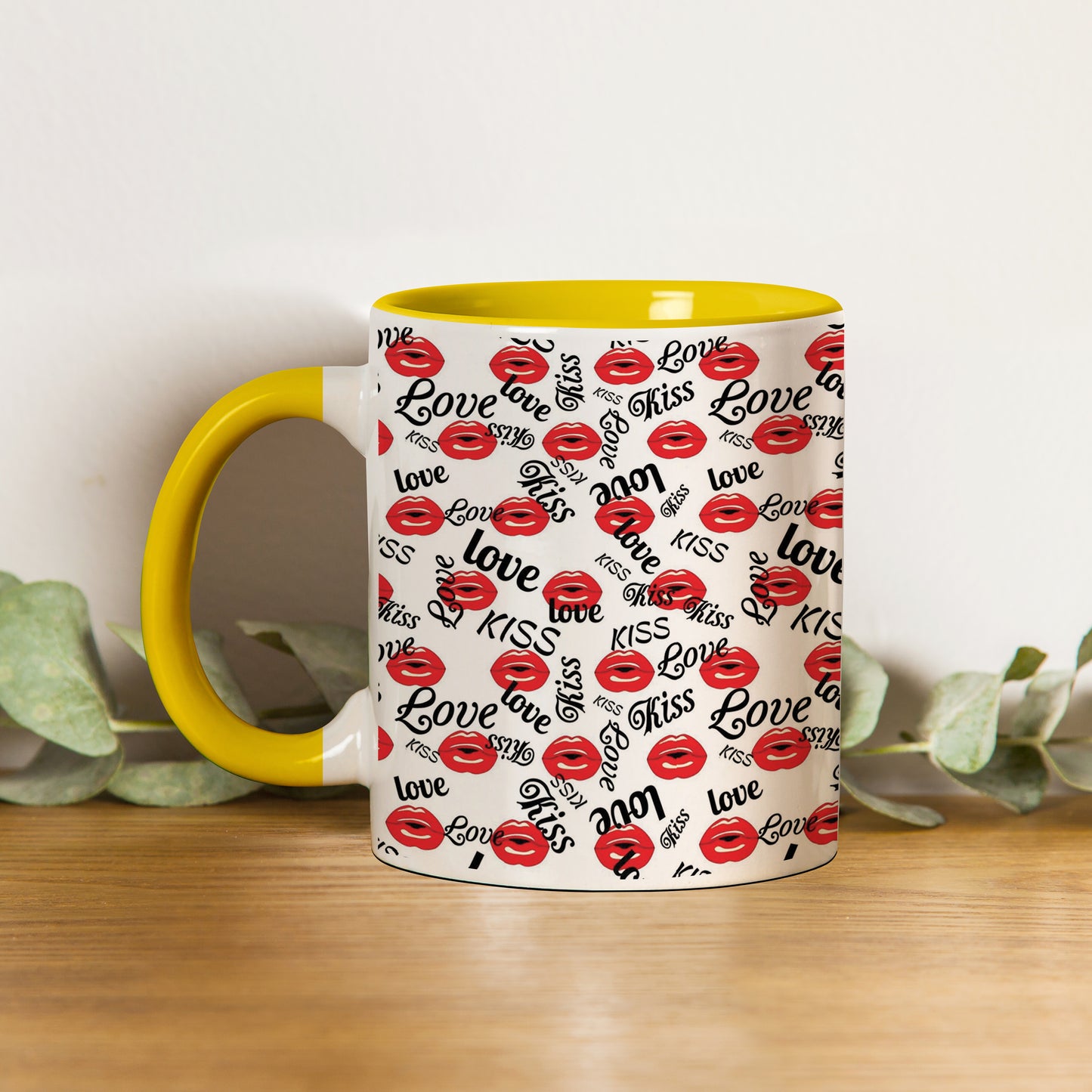 red kissing lips vector Pattern design Pattern Yellow Handle 330 ml Coffee Mug