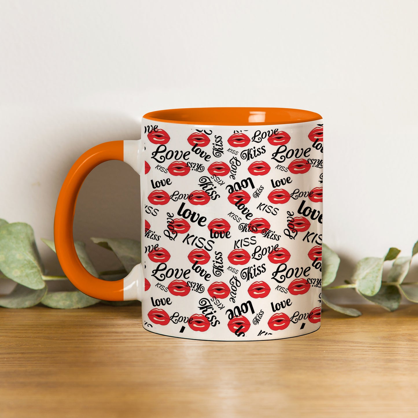 Red kissing lips vector Pattern design Orange Handle 330 ml Coffee Mug