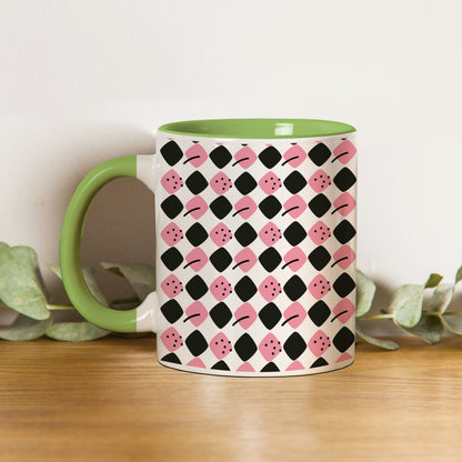 Black N Pink square vector leaves pattern (2) Pattern Lite Green Handle 330 ml Coffee Mug