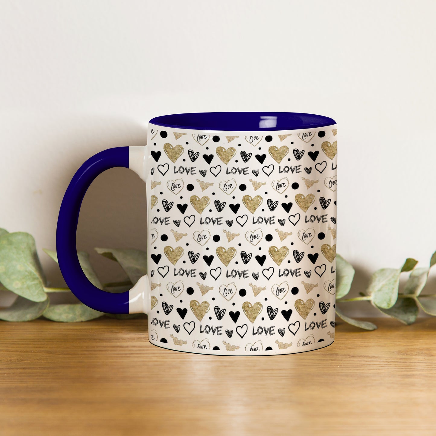 Hand drawn golden and black hearts pattern design Pattern Dark Blue Handle 330 ml Coffee Mug
