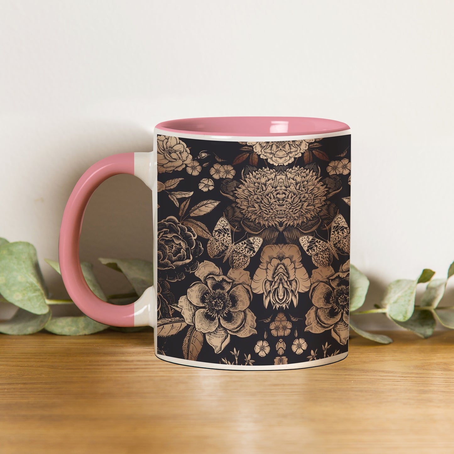 Gold flowers design Pattern Lite Pink Handle 330 ml Coffee Mug