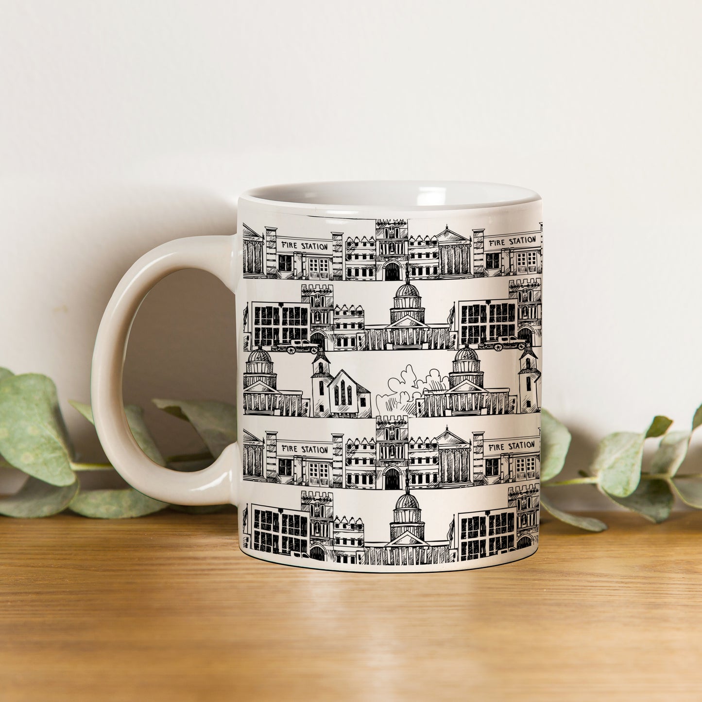 Black in white hand drawing city design White 330 ml Coffee Mug