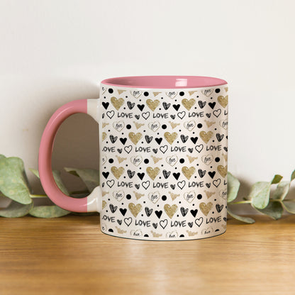 Hand drawn golden and black hearts design Pattern Lite Pink Handle 330 ml Coffee Mug