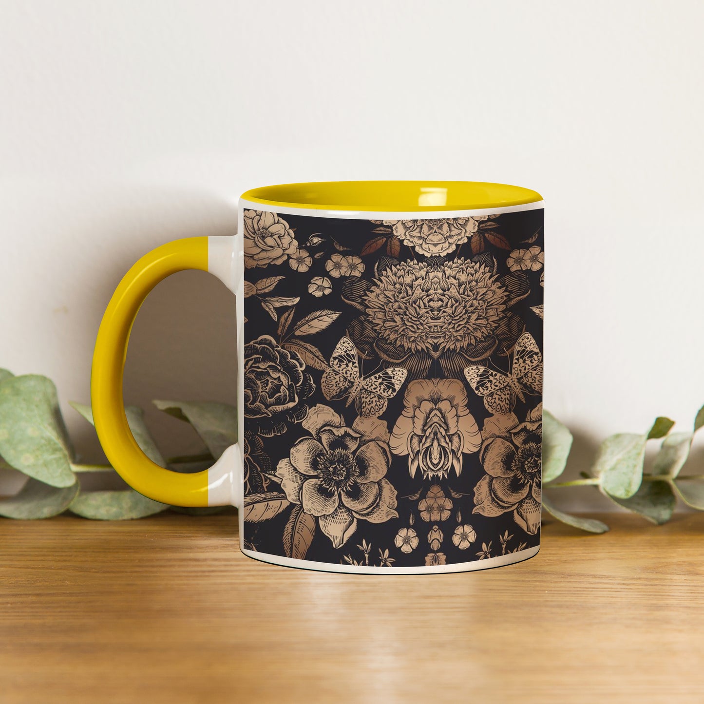 Gold flowers design Pattern Yellow Handle 330 ml Coffee Mug