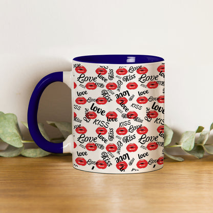 Red kissing lips vector design Pattern Dark Blue Handle 330 ml Coffee Mug