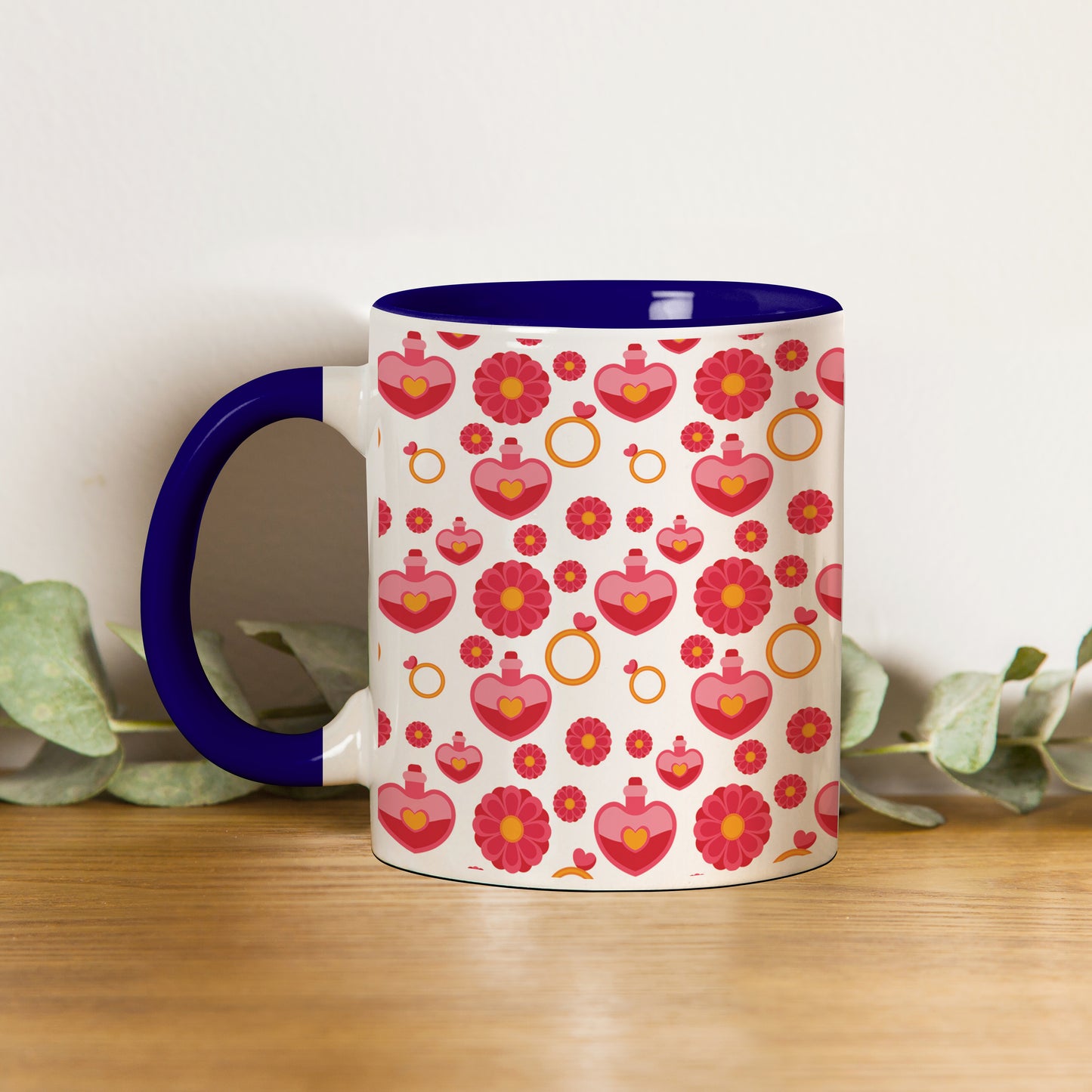 Red seamless love element design Pattern Dark Blue Handle 330 ml Coffee Mug