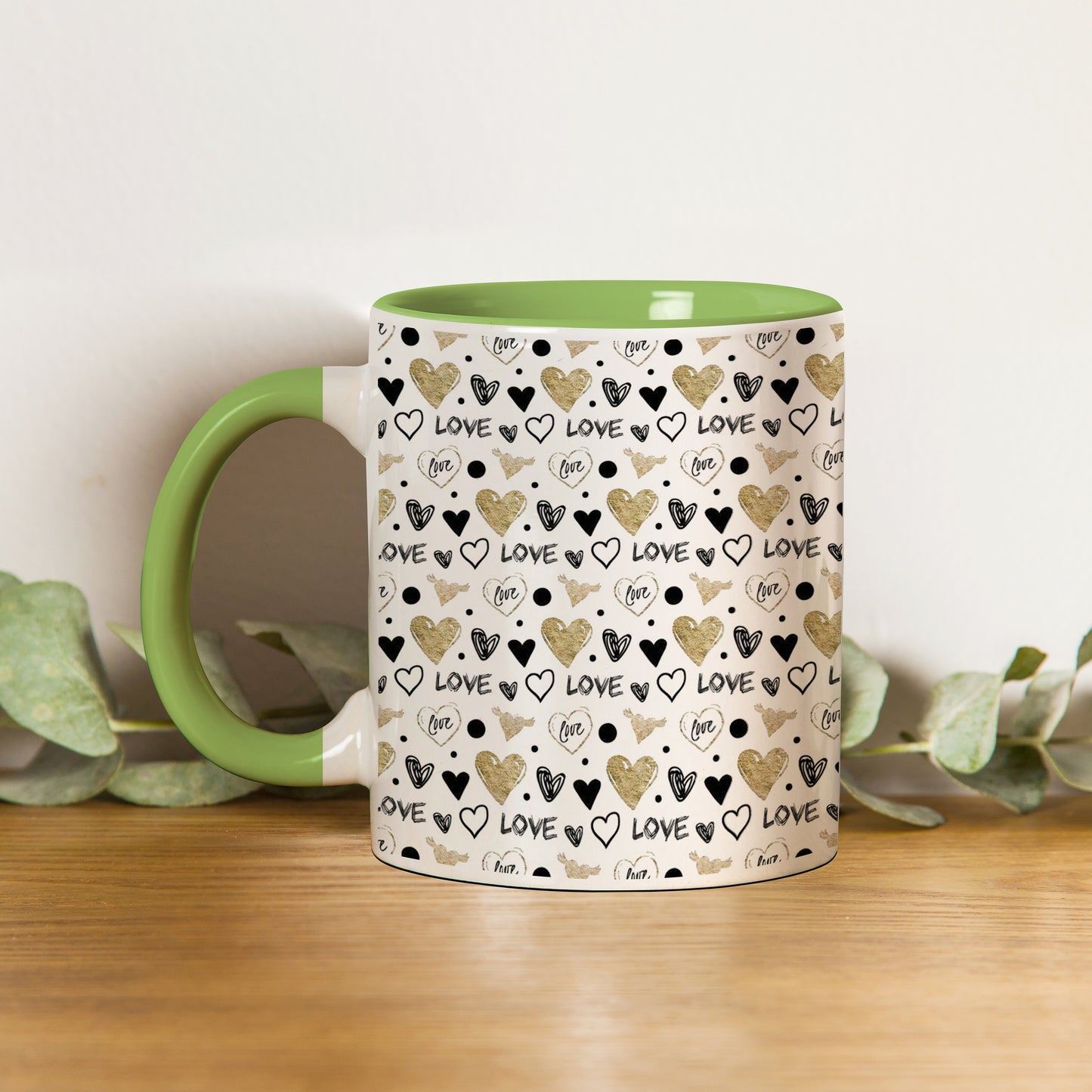 Hand drawn golden and black hearts pattern design Pattern Lite Green Handle 330 ml Coffee Mug