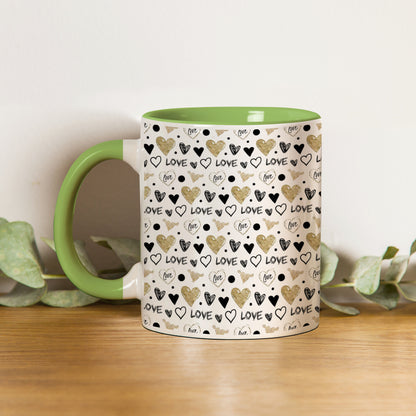 Hand drawn golden and black hearts pattern design Pattern Lite Green Handle 330 ml Coffee Mug