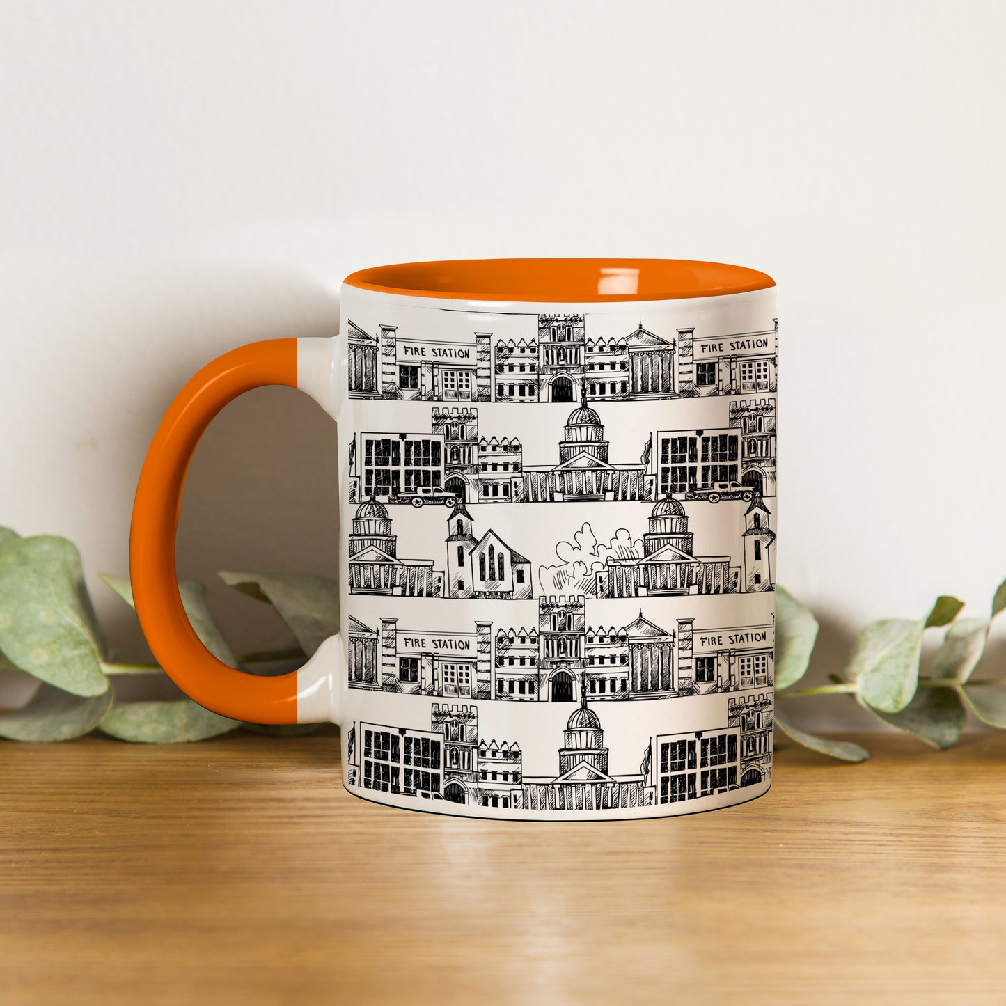 Black in white hand drawing city design Orange Handle 330 ml Coffee Mug