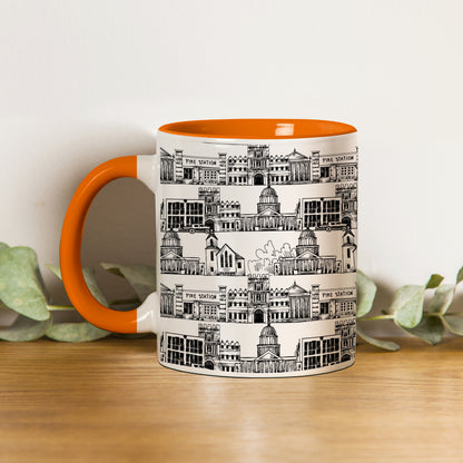 Black in white hand drawing city design Orange Handle 330 ml Coffee Mug
