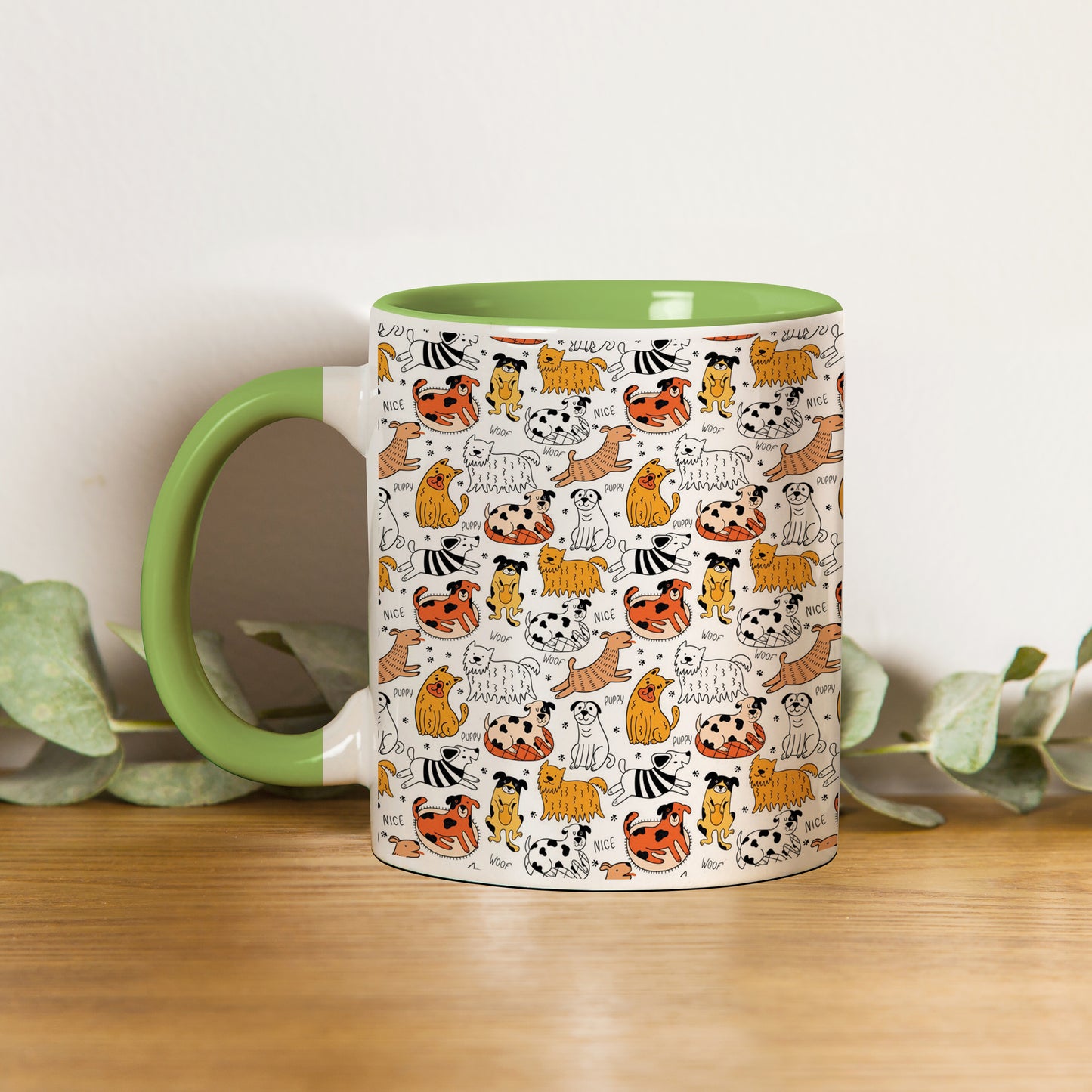 Dog breeds vector leaves pattern  design Pattern Lite Green Handle 330 ml Coffee Mug