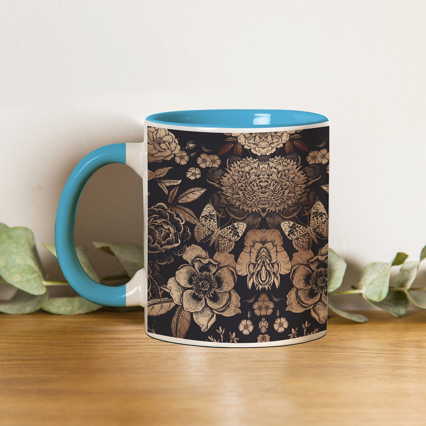 Gold flowers design Pattern Sky Blue Handle 330 ml Coffee Mug