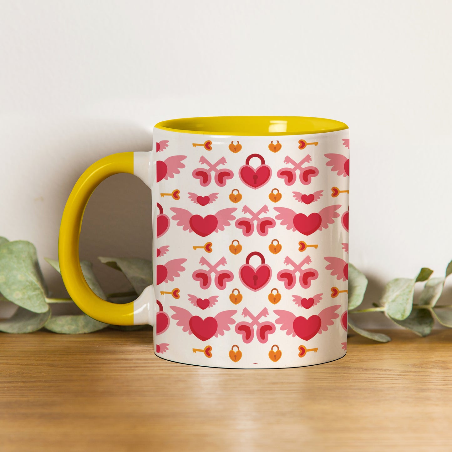 red seamless love element pattern design (2) Pattern Yellow Handle 330 ml Coffee Mug