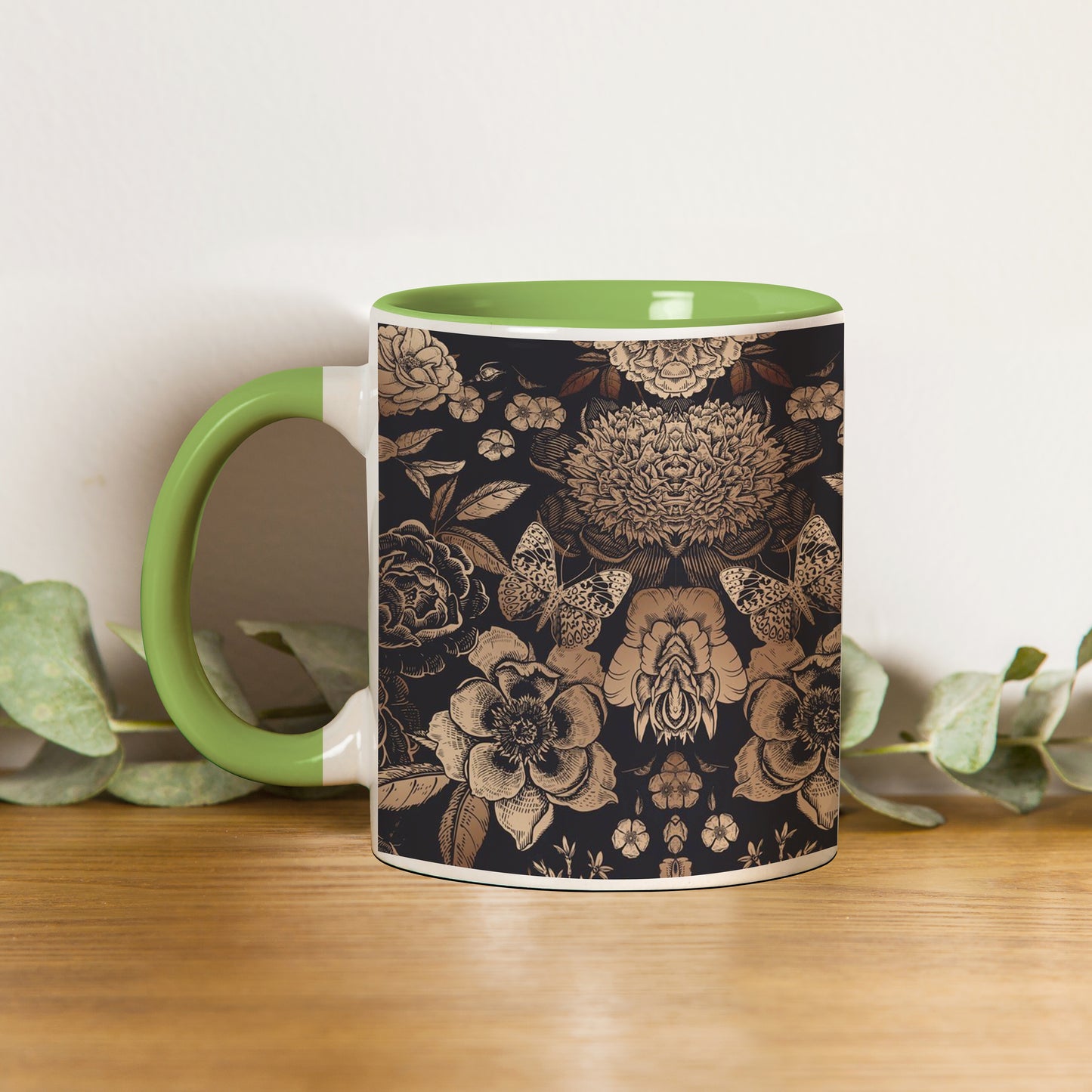 Gold flowers design Pattern Lite Green Handle 330 ml Coffee Mug