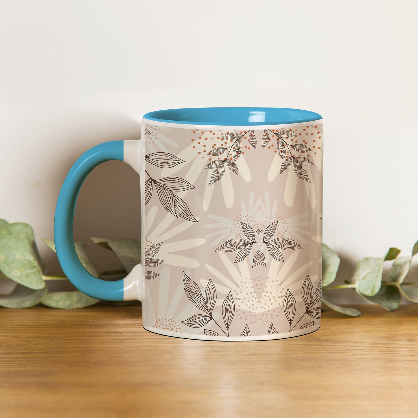 Abstract leaves and dots design Pattern Sky Blue Handle 330 ml Coffee Mug
