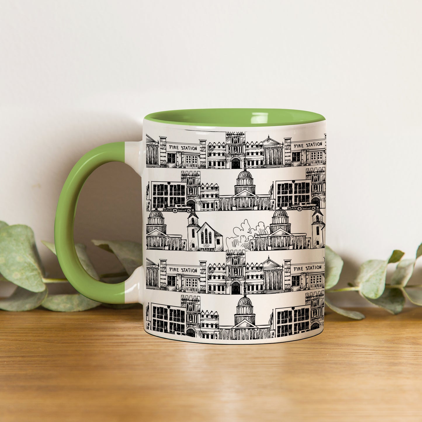 Black in white hand drawing city design Pattern Light Green Handle 330 ml Coffee Mug