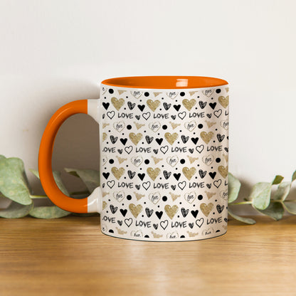 Hand drawn golden and black hearts pattern design Orange Handle 330 ml Coffee Mug