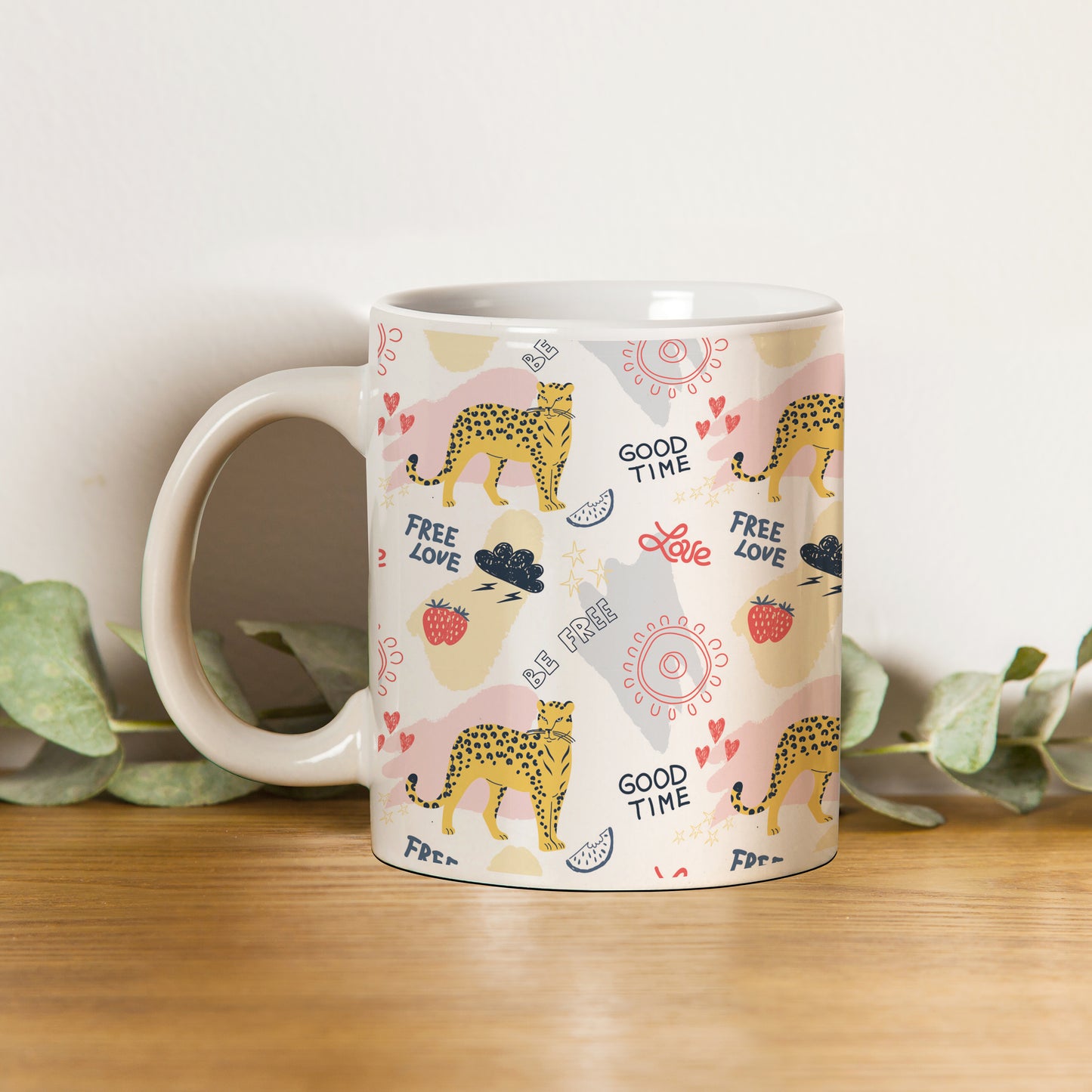 Colorful doodle cheetah and words pattern design White 330 ml Coffee Mug
