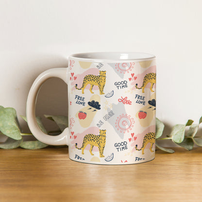 Colorful doodle cheetah and words pattern design White 330 ml Coffee Mug